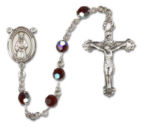 Our Lady of Hope Sterling Silver Heirloom Rosary Fancy Crucifix - Garnet