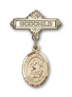 Pin Badge with St. Jason Charm and Godchild Badge Pin - 14K Solid Gold