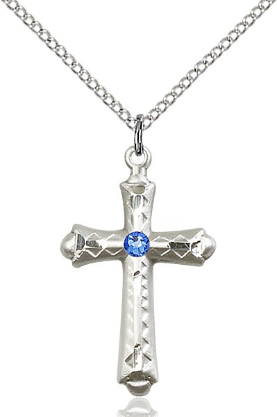 Matte Cross Pendant with Diamond Etching Birthstone Options - Sapphire
