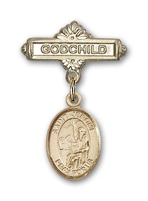 Pin Badge with St. Jerome Charm and Godchild Badge Pin - 14K Solid Gold
