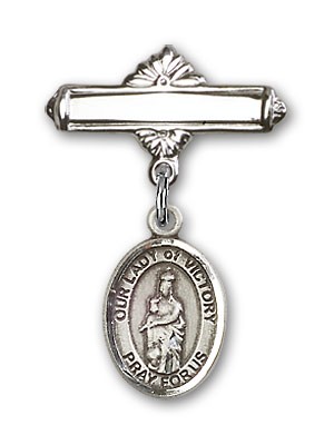 Pin Badge with Our Lady of Victory Charm and Polished Engravable Badge Pin - Silver tone