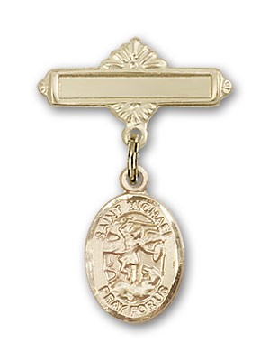 Pin Badge with St. Michael the Archangel Charm and Polished Engravable Badge Pin - 14K Solid Gold