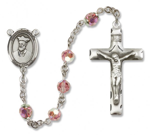 St. Philip Neri Sterling Silver Heirloom Rosary Squared Crucifix - Light Rose