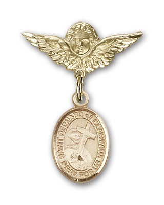 Pin Badge with St. Bernard of Clairvaux Charm and Angel with Smaller Wings Badge Pin - 14K Solid Gold