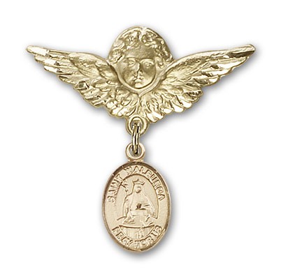 Pin Badge with St. Walburga Charm and Angel with Larger Wings Badge Pin - Gold Tone