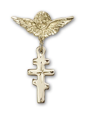 Pin Badge with Greek Orthadox Cross Charm and Angel with Smaller Wings Badge Pin - 14K Solid Gold