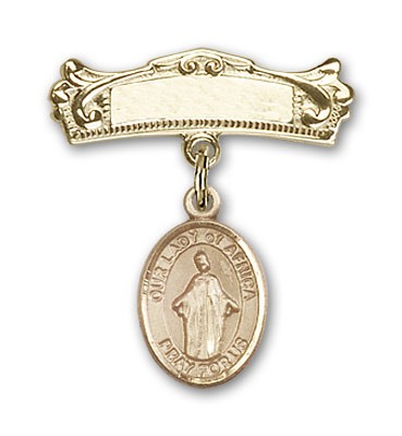 Pin Badge with Our Lady of Africa Charm and Arched Polished Engravable Badge Pin - 14K Solid Gold