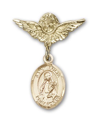 Pin Badge with St. Lucia of Syracuse Charm and Angel with Smaller Wings Badge Pin - Gold Tone