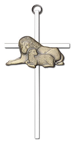 Lion and Lamb Wall Cross 6&quot; - Two-Tone Silver