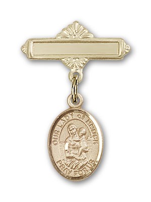 Pin Badge with Our Lady of Knock Charm and Polished Engravable Badge Pin - 14K Solid Gold