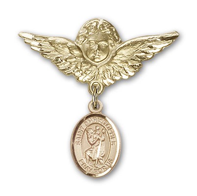 Pin Badge with St. Christopher Charm and Angel with Larger Wings Badge Pin - Gold Tone