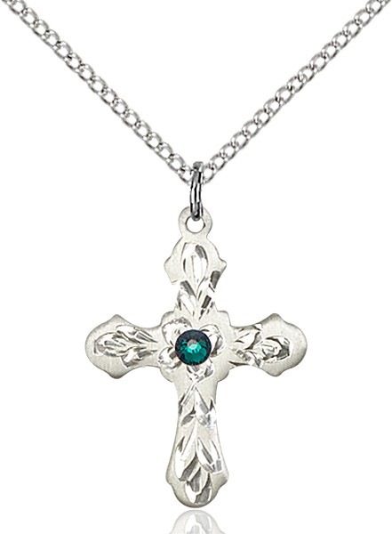 Medium Floral and Petal Cross Pendant with Birthstone Options - Emerald Green