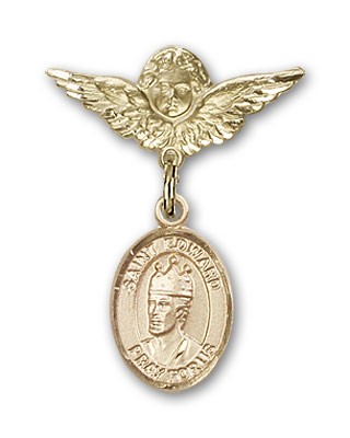 Pin Badge with St. Edward the Confessor Charm and Angel with Smaller Wings Badge Pin - Gold Tone