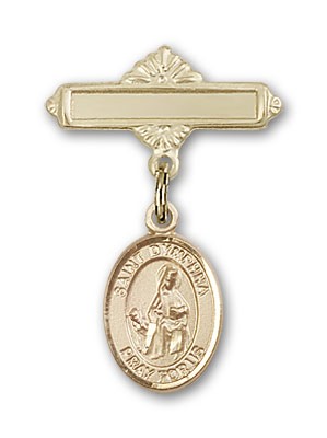 Pin Badge with St. Dymphna Charm and Polished Engravable Badge Pin - 14K Solid Gold