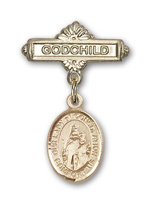 Baby Badge with Our Lady of Consolation Charm and Godchild Badge Pin - 14K Solid Gold