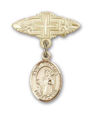 Pin Badge with St. Benedict Charm and Badge Pin with Cross - 14K Solid Gold