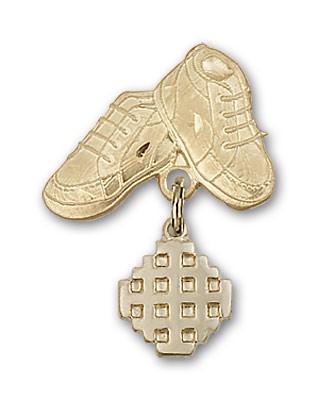 Baby Badge with Jerusalem Cross Charm and Baby Boots Pin - 14K Solid Gold