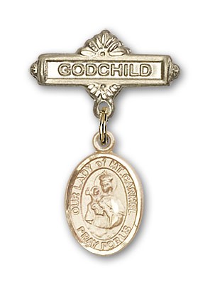 Baby Badge with Our Lady of Mount Carmel Charm and Godchild Badge Pin - Gold Tone