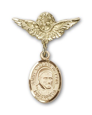 Pin Badge with St. Vincent de Paul Charm and Angel with Smaller Wings Badge Pin - Gold Tone