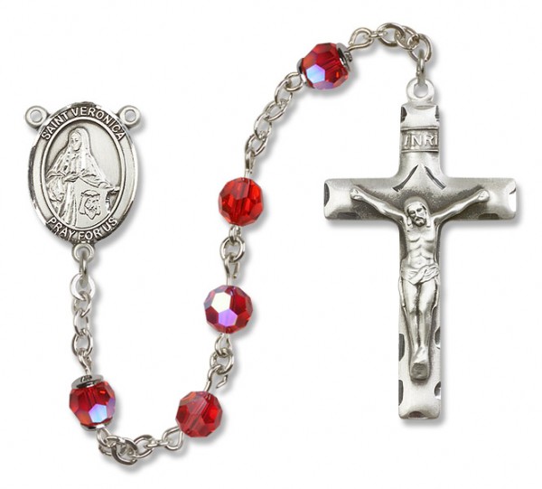 St. Veronica Sterling Silver Heirloom Rosary Squared Crucifix - Ruby Red