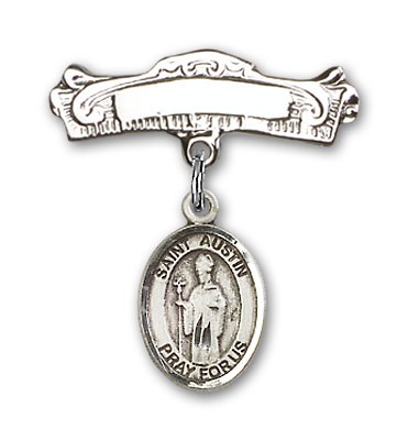 Pin Badge with St. Austin Charm and Arched Polished Engravable Badge Pin - Silver tone