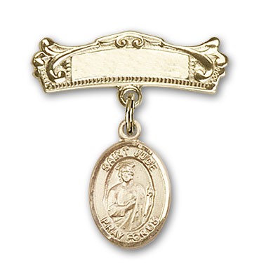 Pin Badge with St. Jude Thaddeus Charm and Arched Polished Engravable Badge Pin - 14K Solid Gold