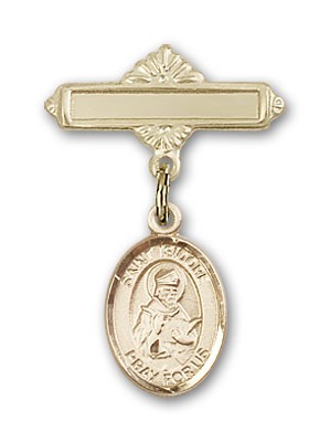 Pin Badge with St. Isidore of Seville Charm and Polished Engravable Badge Pin - Gold Tone