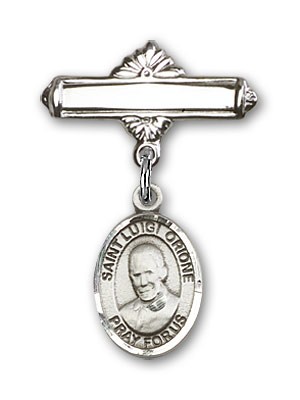 Pin Badge with St. Luigi Orione Charm and Polished Engravable Badge Pin - Silver tone