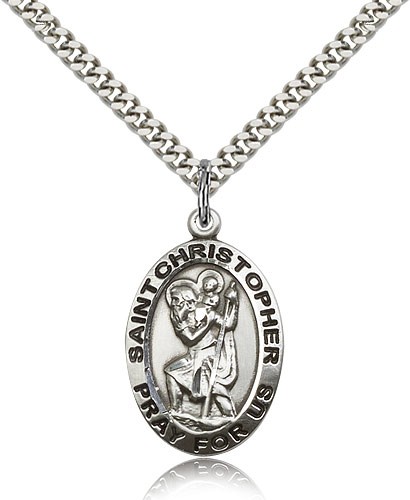 Men's Oval St. Christopher Pray For Us Medal - Sterling Silver