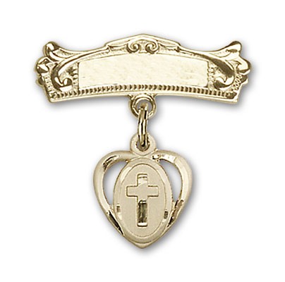 Pin Badge with Cross Charm and Arched Polished Engravable Badge Pin - Gold Tone