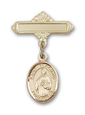 Pin Badge with St. Placidus Charm and Polished Engravable Badge Pin - Gold Tone