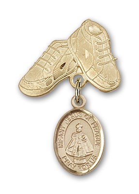 Baby Badge with Infant of Prague Charm and Baby Boots Pin - 14K Solid Gold