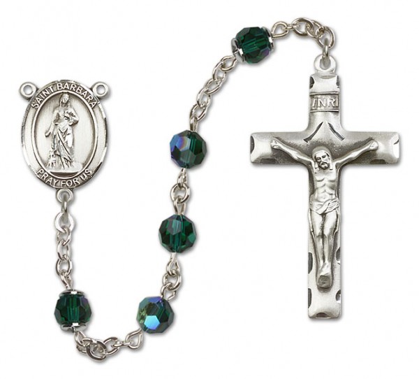 St. Barbara Sterling Silver Heirloom Rosary Squared Crucifix - Emerald Green