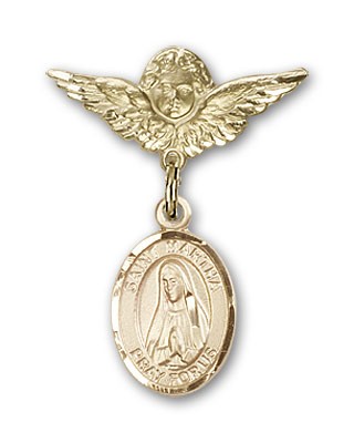 Pin Badge with St. Martha Charm and Angel with Smaller Wings Badge Pin - 14K Solid Gold