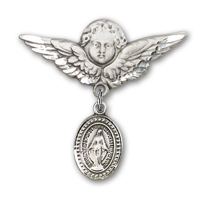 Baby Pin with Miraculous Charm and Angel with Larger Wings Badge Pin - Silver tone