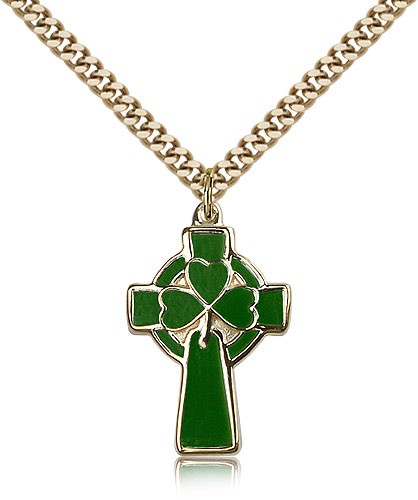 Green Enamel Celtic Cross Pendant - 14KT Gold Filled