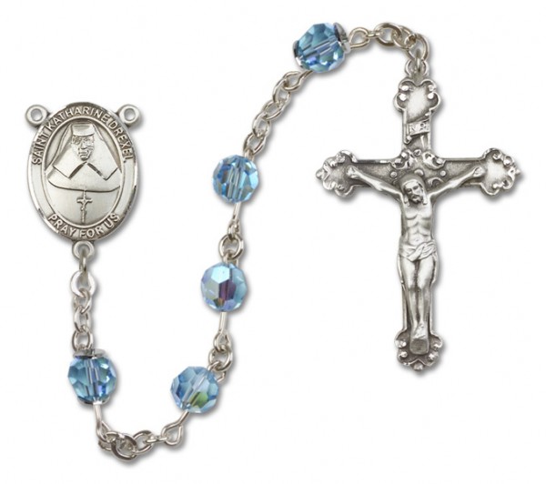 St. Katharine Drexel Sterling Silver Heirloom Rosary Fancy Crucifix - Aqua