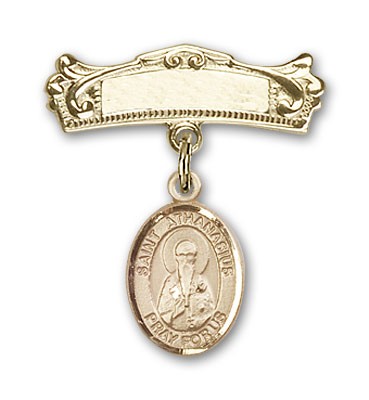 Pin Badge with St. Athanasius Charm and Arched Polished Engravable Badge Pin - 14K Solid Gold