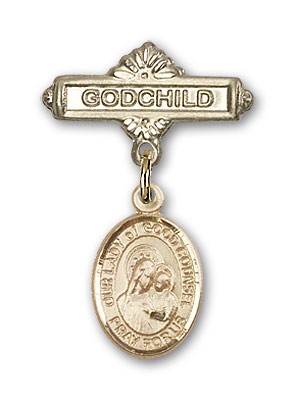 Baby Badge with Our Lady of Good Counsel Charm and Godchild Badge Pin - Gold Tone
