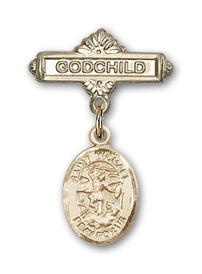 Pin Badge with St. Michael the Archangel Charm and Godchild Badge Pin - Gold Tone