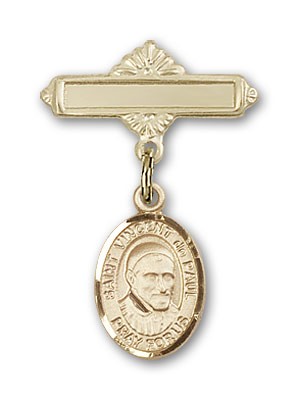 Pin Badge with St. Vincent de Paul Charm and Polished Engravable Badge Pin - Gold Tone