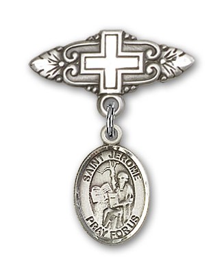 Pin Badge with St. Jerome Charm and Badge Pin with Cross - Silver tone
