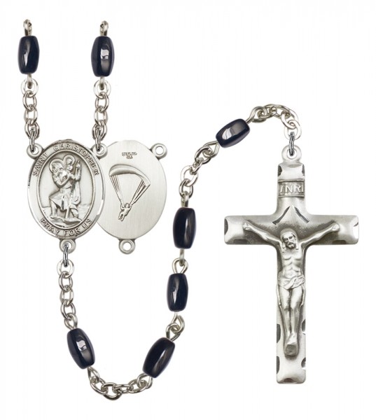 Men's St. Christopher Paratrooper Silver Plated Rosary - Black | Silver