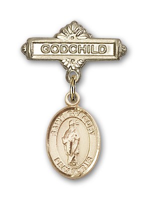 Pin Badge with St. Gregory the Great Charm and Godchild Badge Pin - 14K Solid Gold