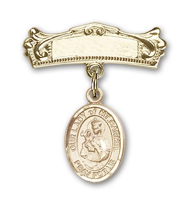Pin Badge with Our Lady of Mount Carmel Charm and Arched Polished Engravable Badge Pin - 14K Solid Gold