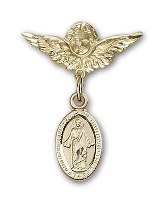 Pin Badge with Scapular Charm and Angel with Smaller Wings Badge Pin - 14K Solid Gold