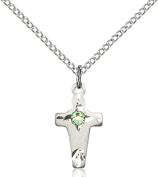 Square Edge Child's Cross Pendant with Birthstone Options - Peridot