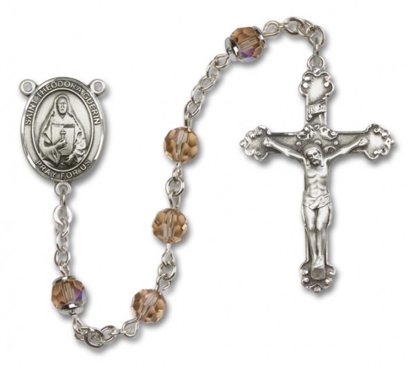 St. Theodora Guerin Sterling Silver Heirloom Rosary Fancy Crucifix - Topaz