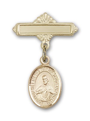 Pin Badge with Scapular Charm and Polished Engravable Badge Pin - 14K Solid Gold