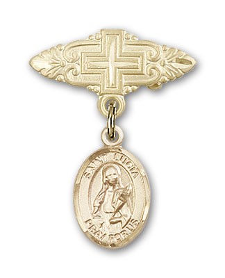 Pin Badge with St. Lucia of Syracuse Charm and Badge Pin with Cross - 14K Solid Gold